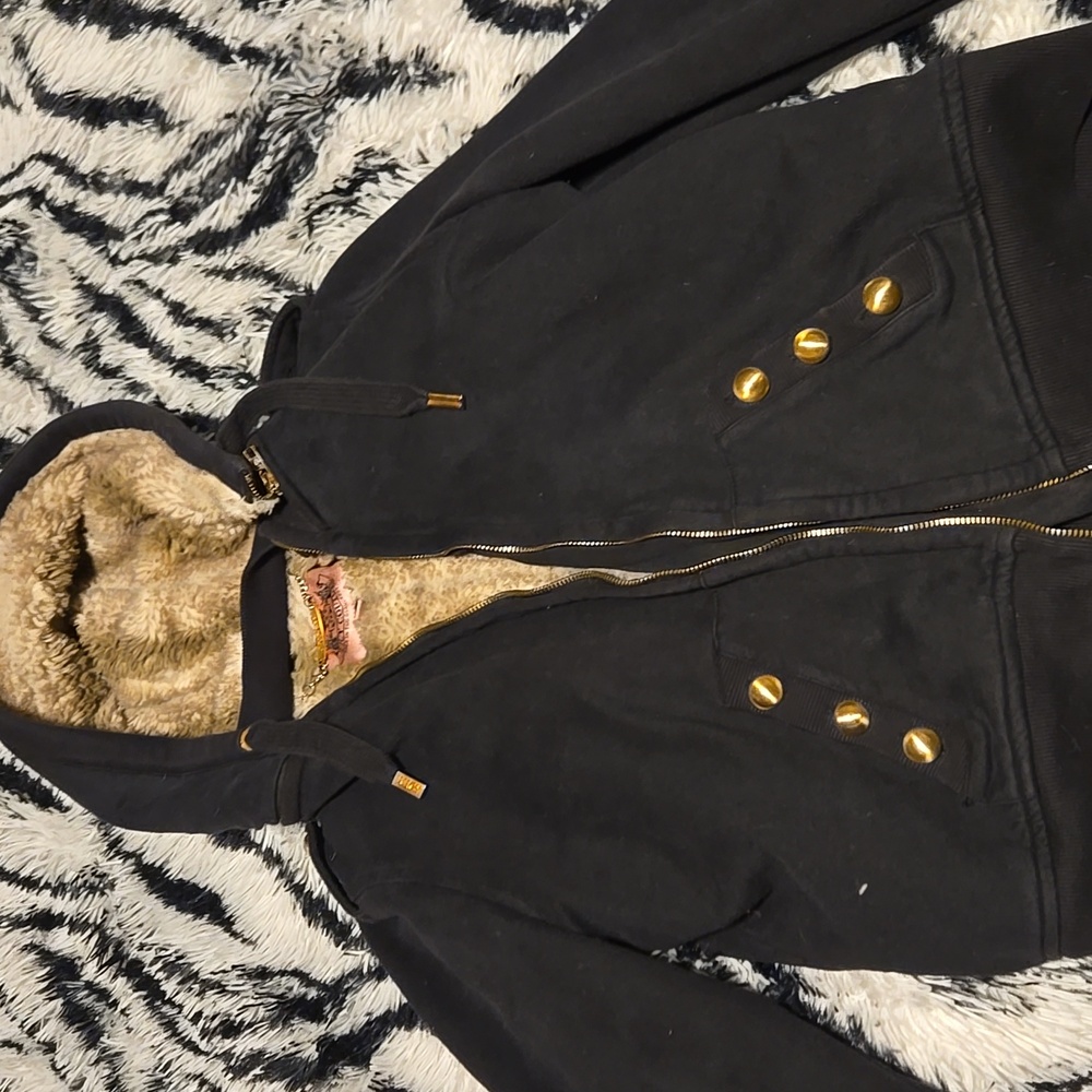 RARE Y2K Juicy Couture Black Long Sleeve Zip-up Faux Fur Lined Jacket